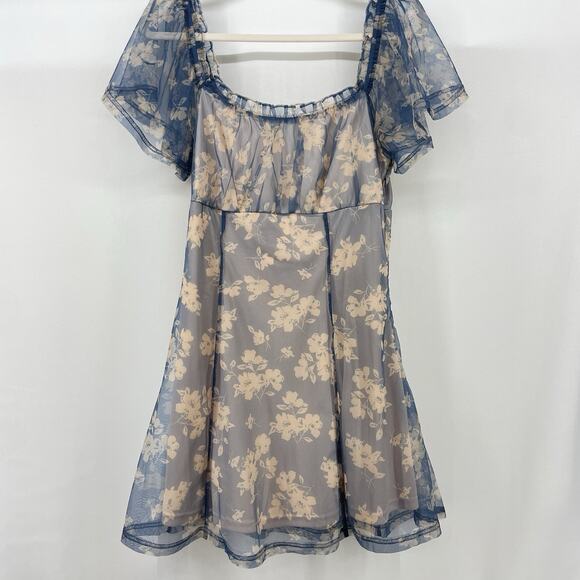 Lulus Dresses & Skirts - Lulus Size Large Babydoll Milkmaid Mini Dress Sheer Floral Blue Pink Romantic